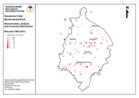 Distribution map for Daubenton's bats in Warwickshire. (Click for a full sized image)