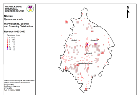 Distribution map for Noctule bats in Warwickshire. (Click for a full sized image)