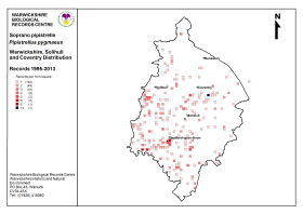 Distribution map for Soprano Pipistrelle bats in Warwickshire. (Click for a full sized image)